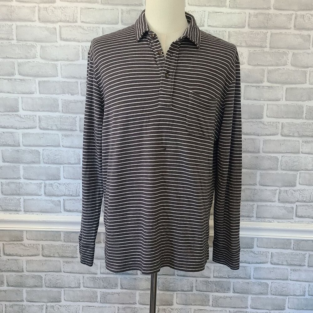 Faherty Madaket Mens Striped Long Sleeve Polo Shirt Large NWT Gray Comfort *flaw